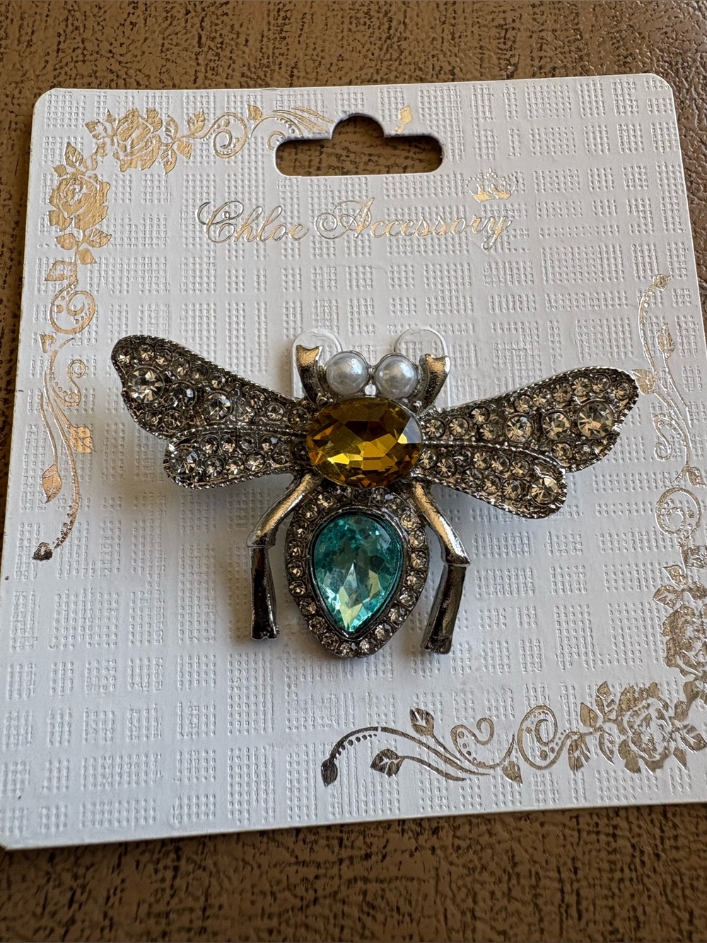 Chloe Bee Brooch in Amber and Teal Crystals